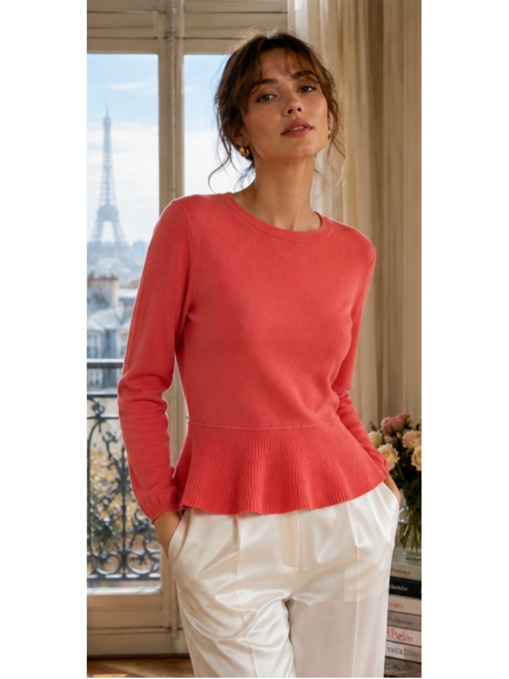 Women's Autumn Cashmere Peplum Sweater XS Coral Button Back